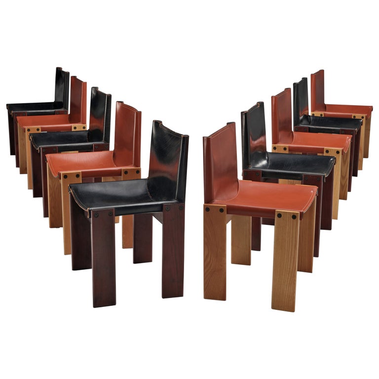 Afra & Tobia Scarpa Set of 10 'Monk' Dining Chairs in Black and Red Leather