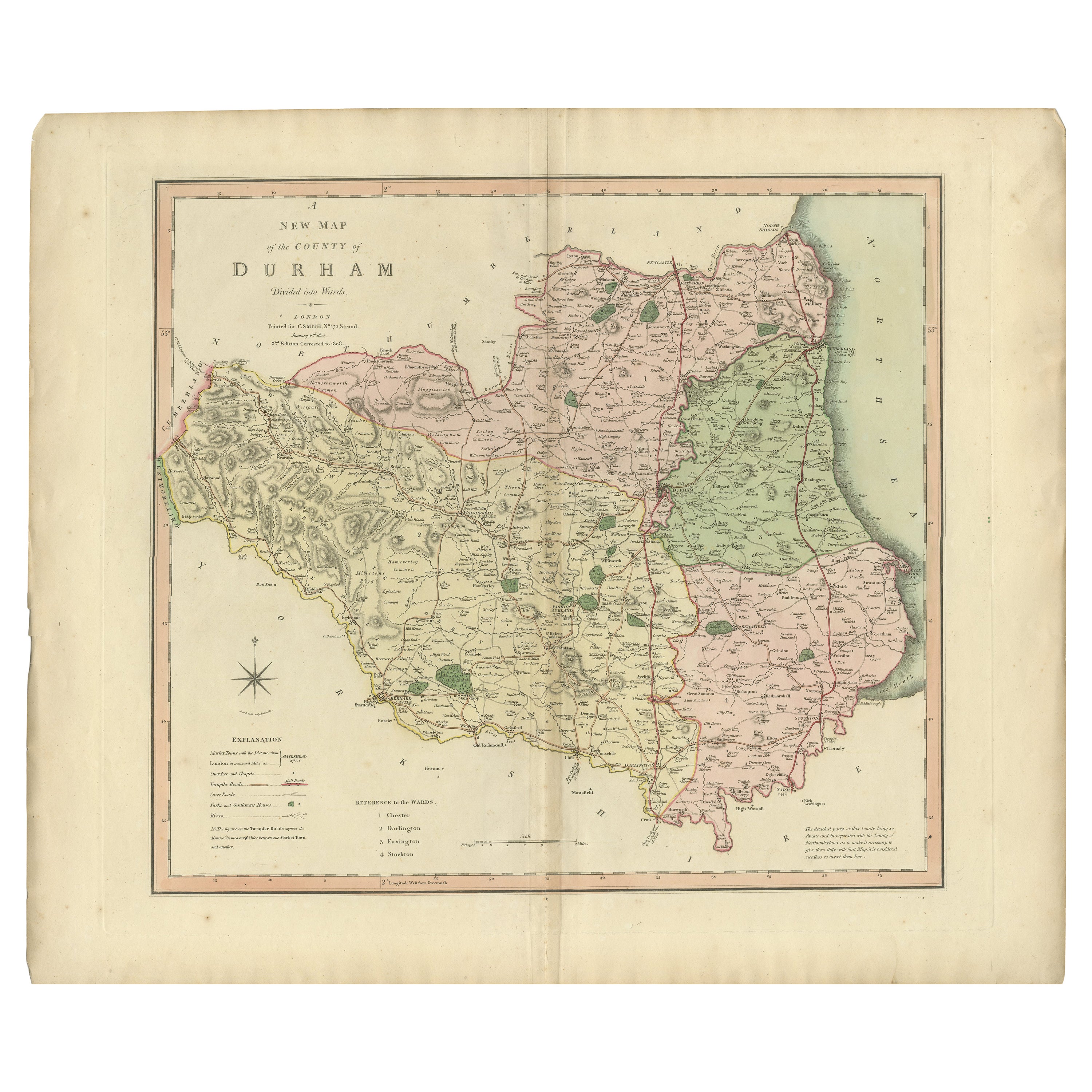 Carte ancienne originale du County de Durham, Angleterre, coloriée à la main, 1804