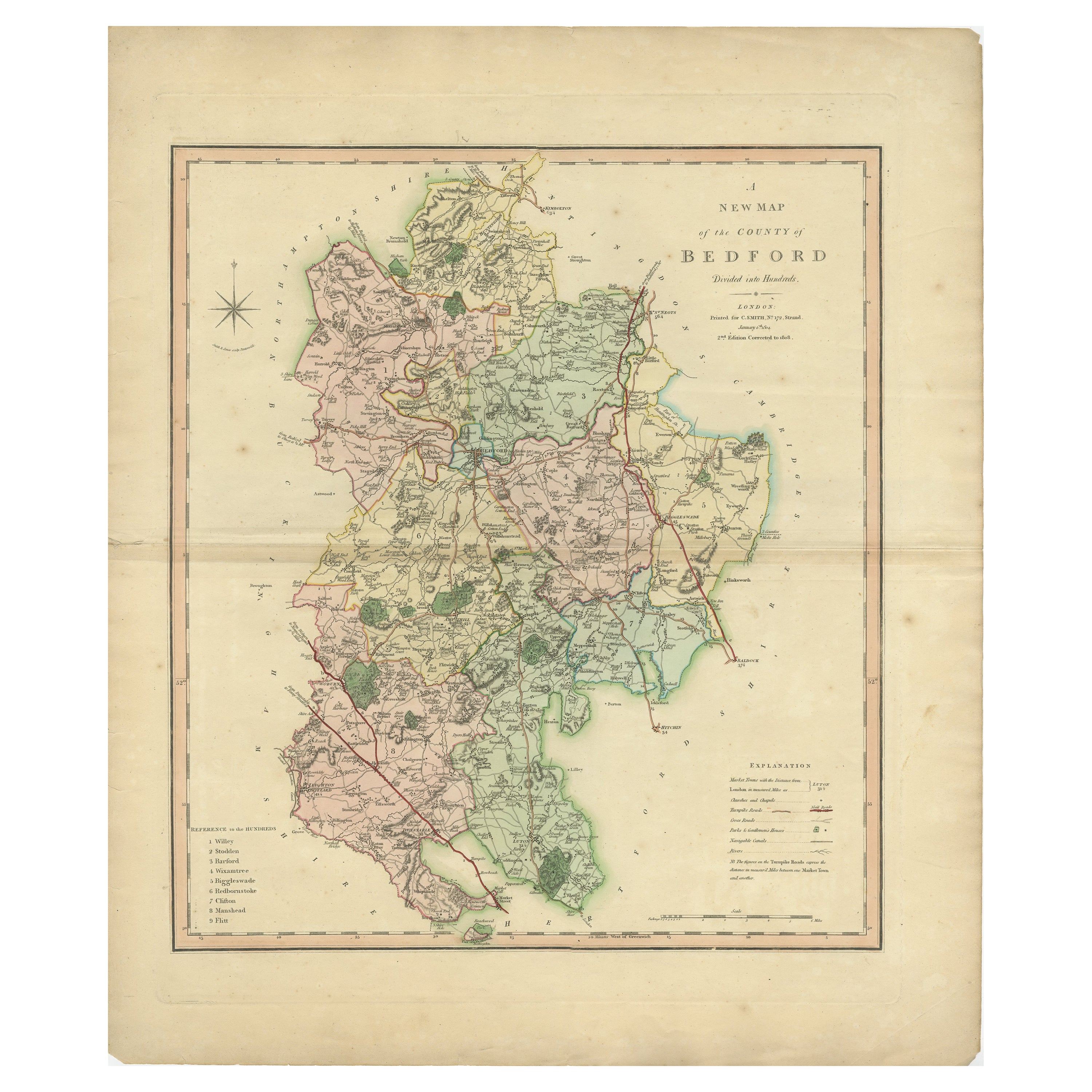 Ancienne carte colorée et décorative du County de Bedfordshire, Angleterre, 1804