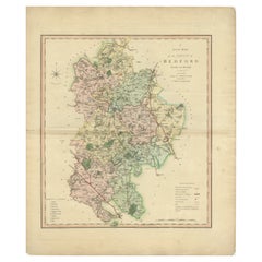 Antica mappa colorata e decorativa della contea di Bedfordshire, Inghilterra, 1804