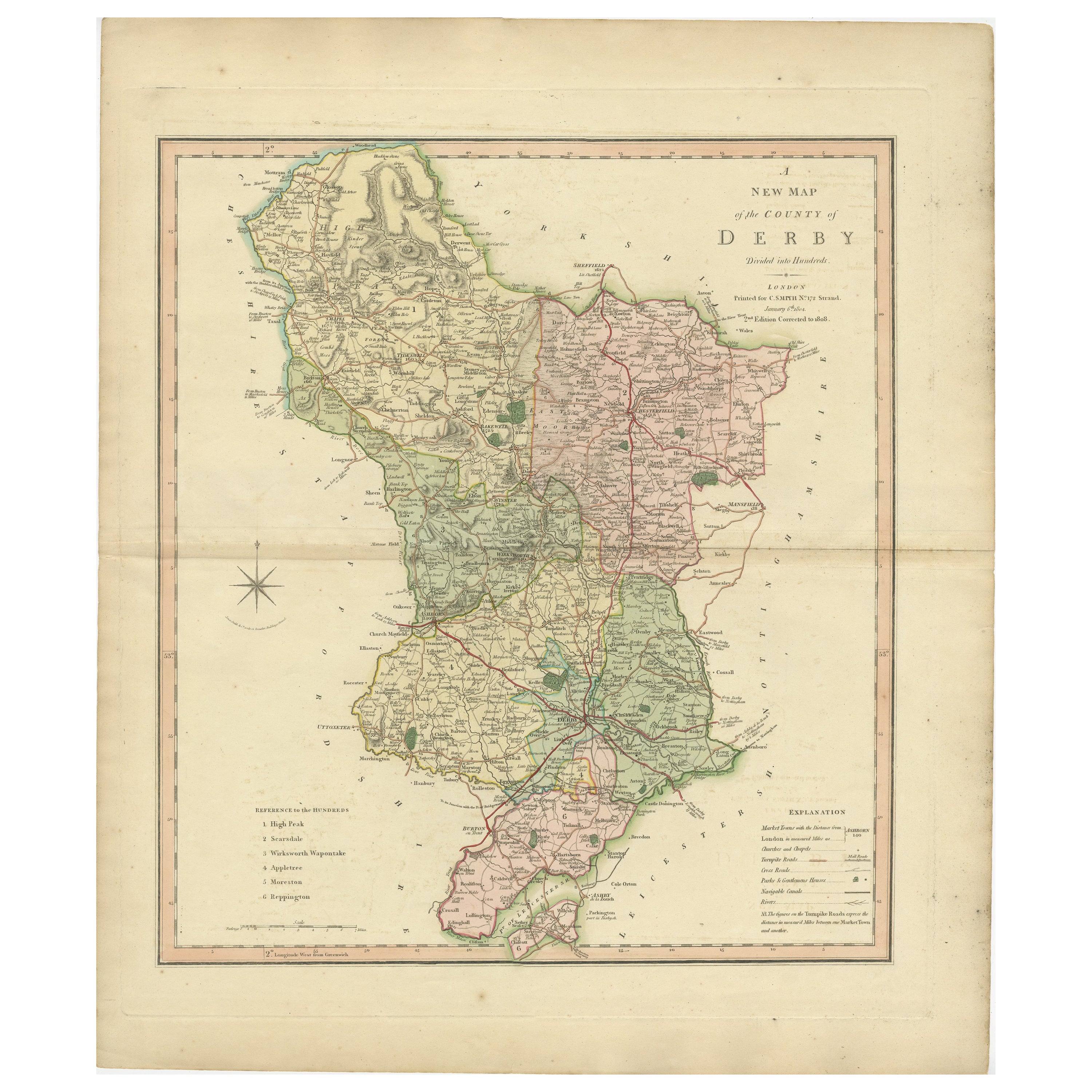 Antique County Map of Derbyshire, England, 1804 For Sale