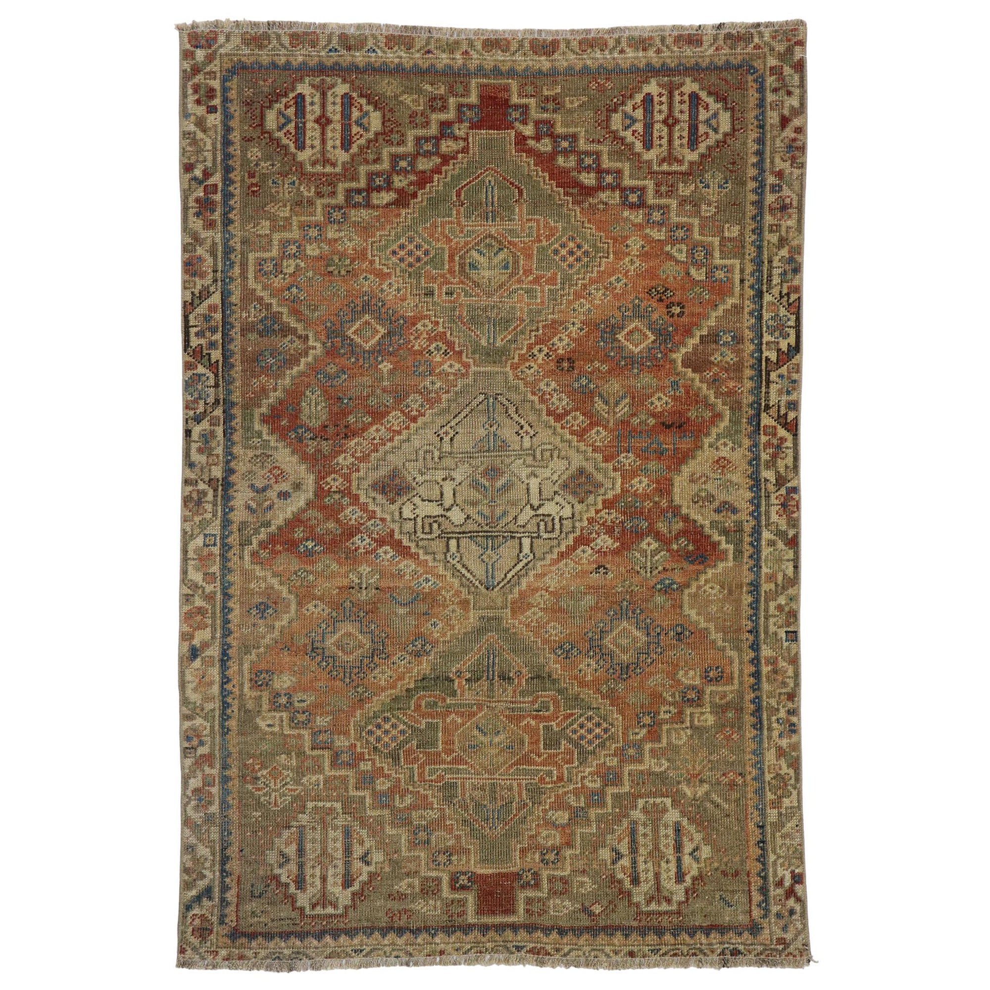 Distressed Antique Persian Shiraz Rug with Rustic Tribal Style For Sale