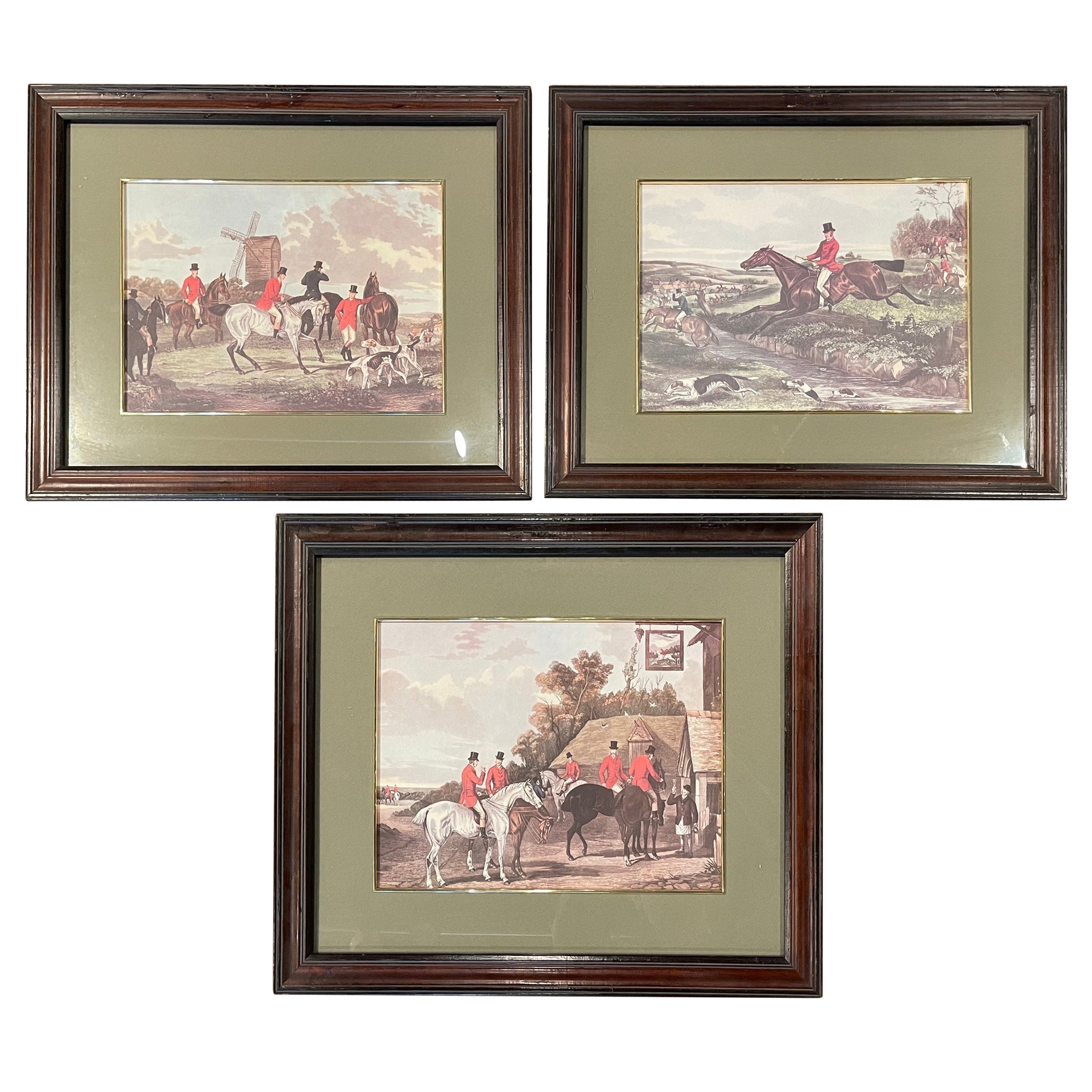 Early 20th Century French Framed Watercolor Hunt Scene Prints, Set of Three