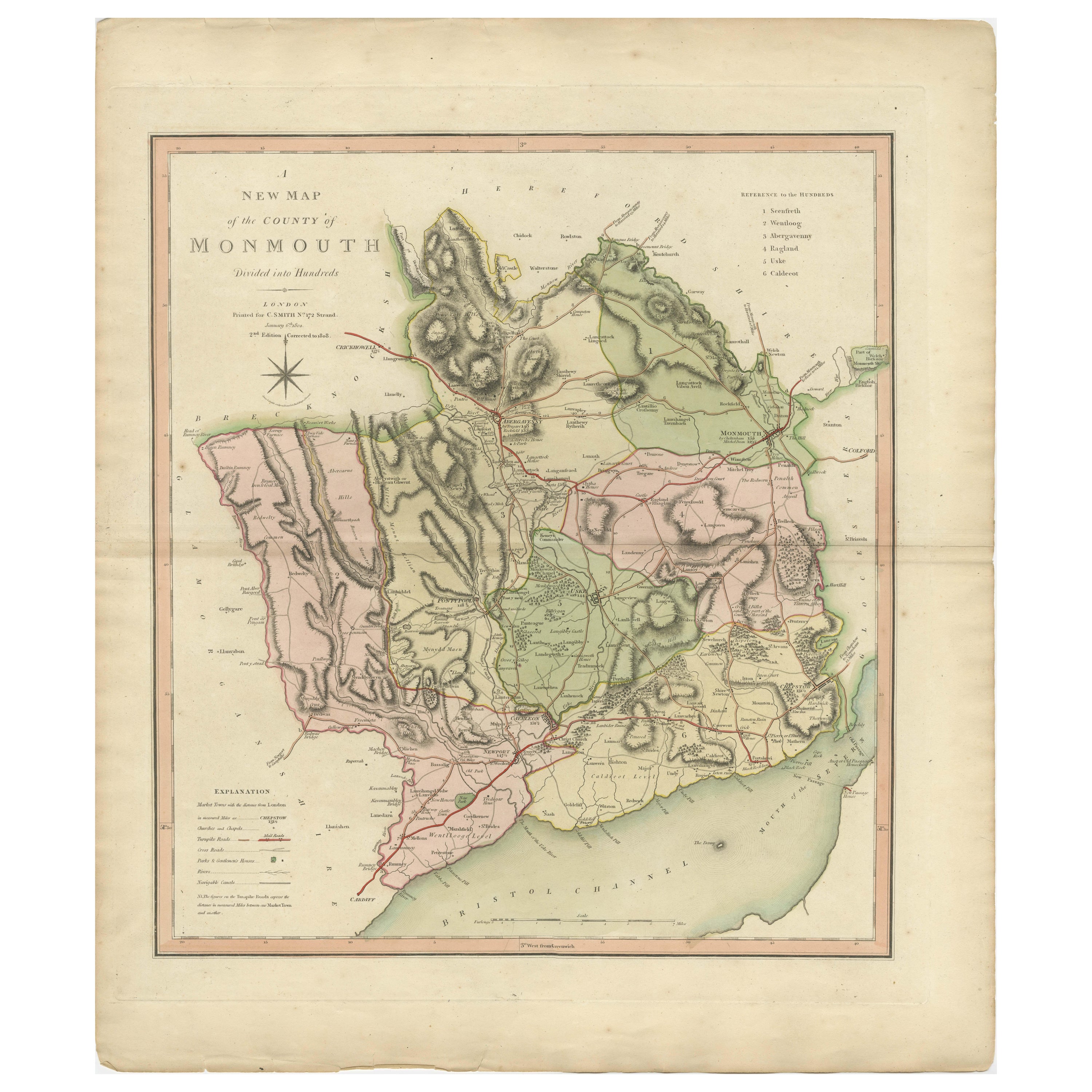 Antique County Map of Monmouthshire, England, circa 1804 For Sale