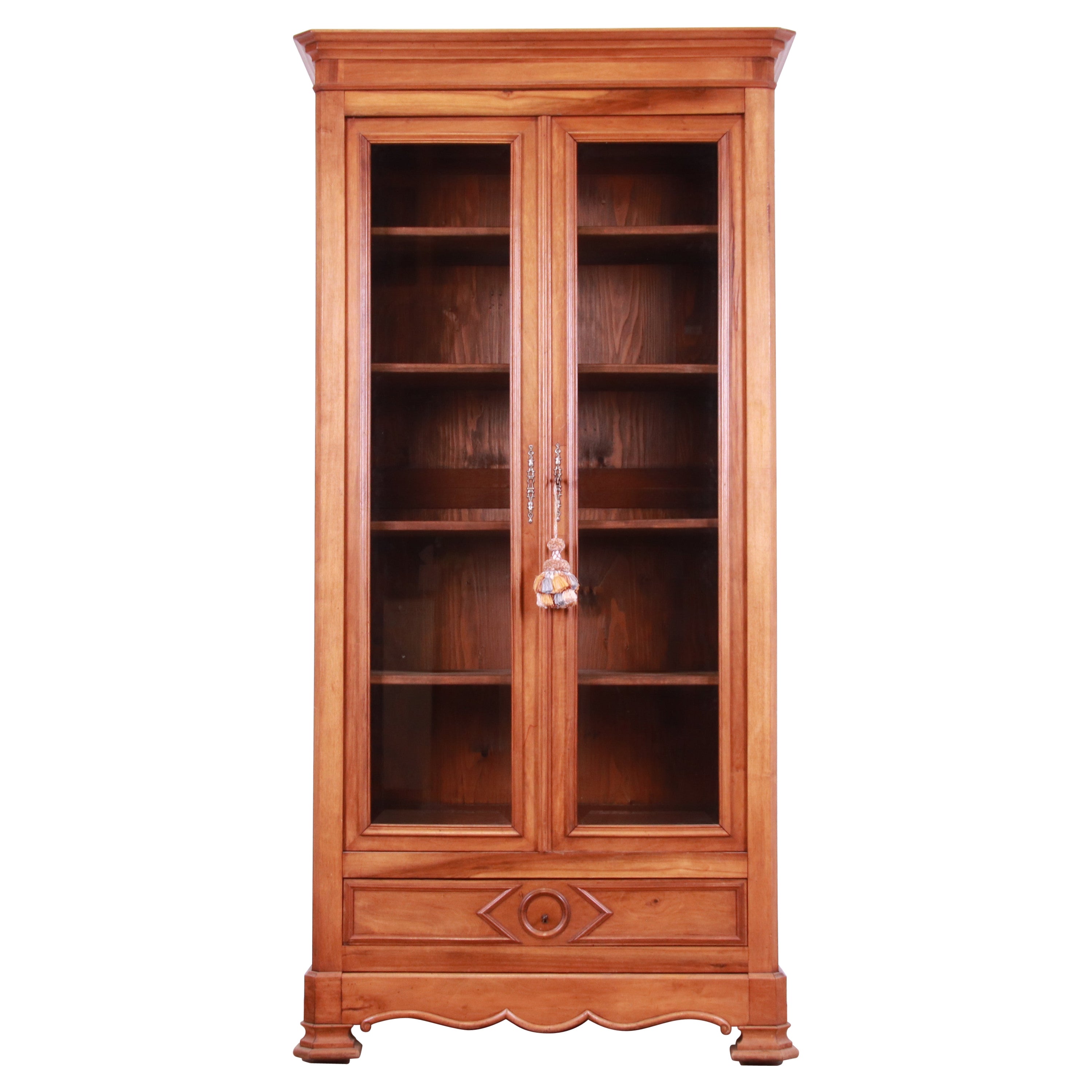 Antique Victorian Carved Walnut Glass Front Bookcase, Circa 1890s For Sale