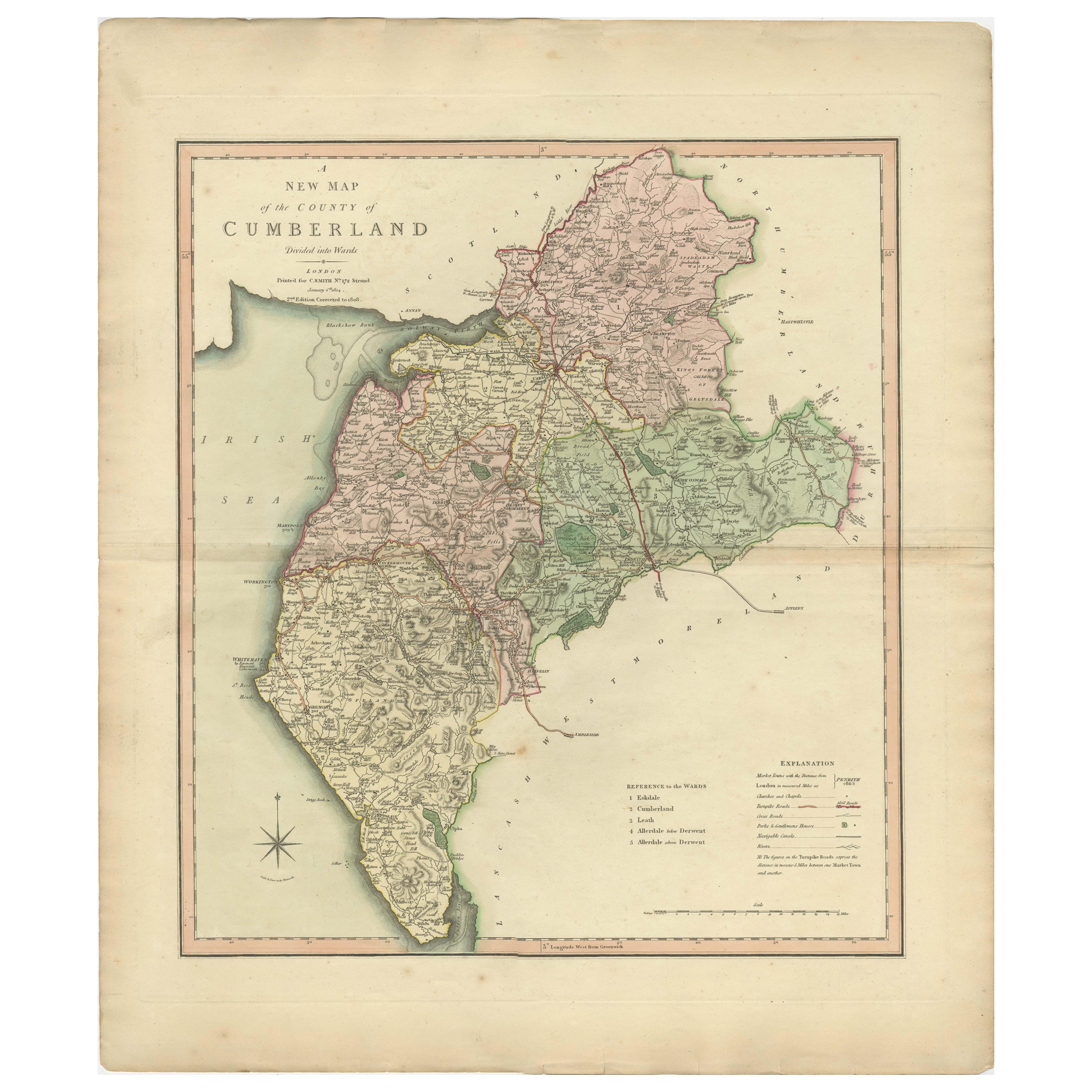 Carte décorative et détaillée ancienne du comté de Cumberland, Angleterre, 1804