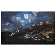 17th Century Storm with ships Marine Painting Oil on canvas 
