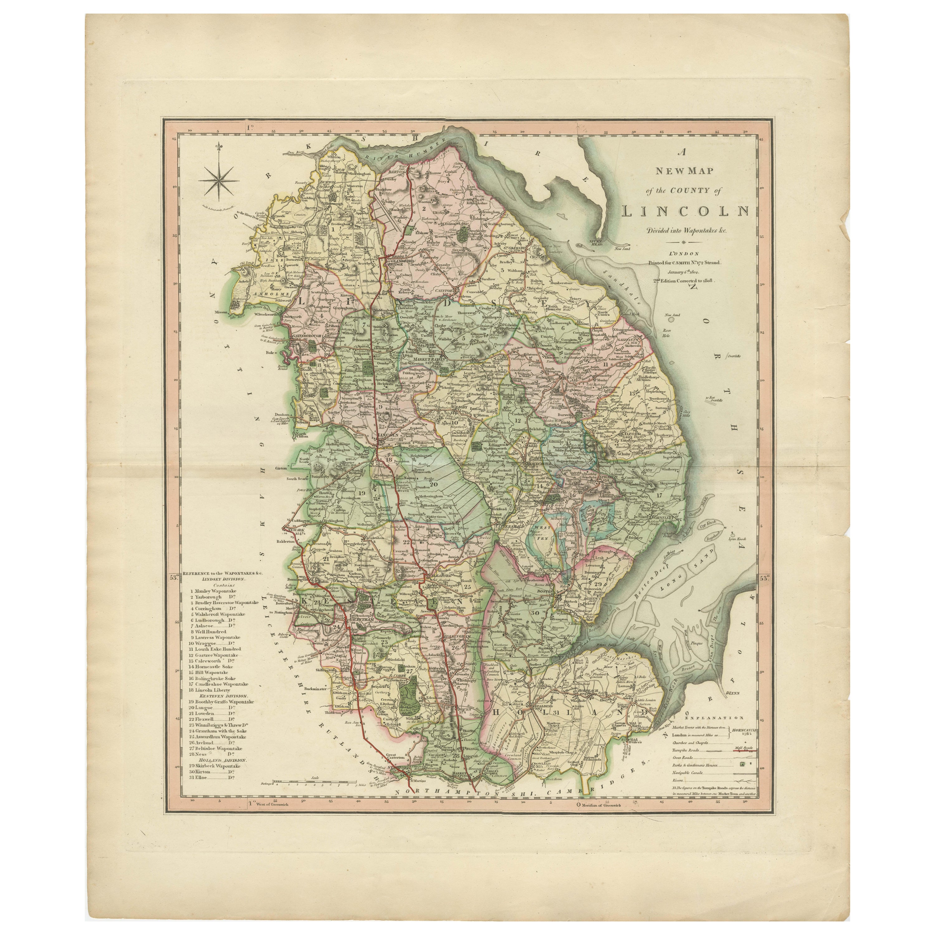 Ancienne carte décorative du County de Lincolnshire, Angleterre, 1804