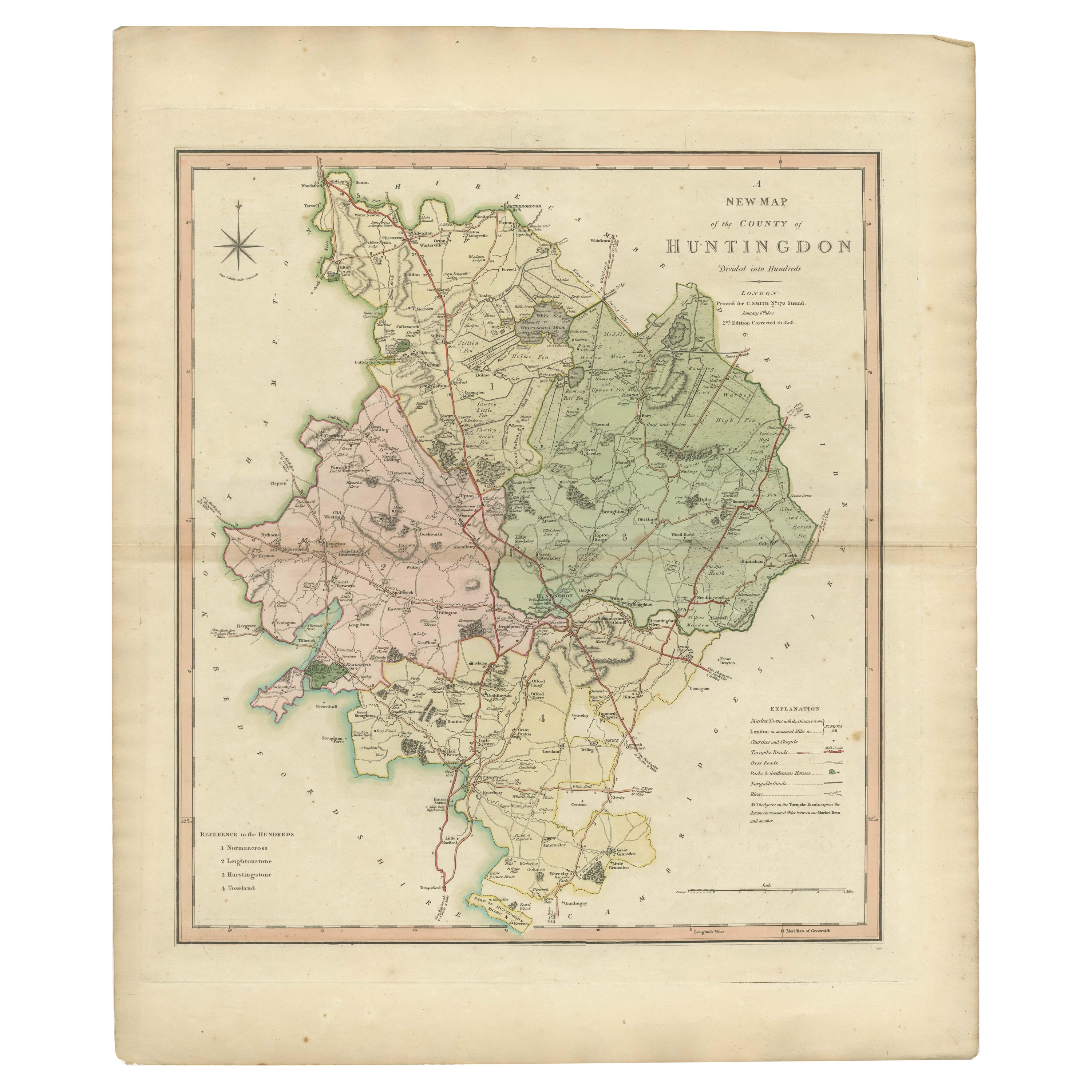 Carte décorative ancienne du comté de Huntingdonshire, Angleterre, 1804