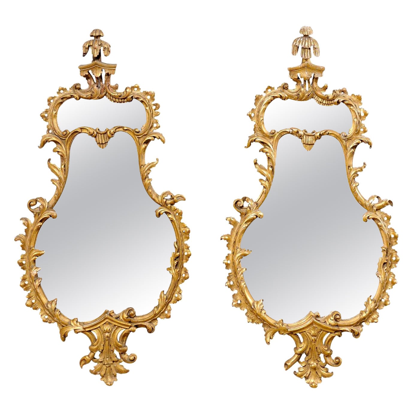 Italian Pair of Shapely Gilt Wood Wall Mirrors, Carved in Rococo Style, Mid 20th For Sale