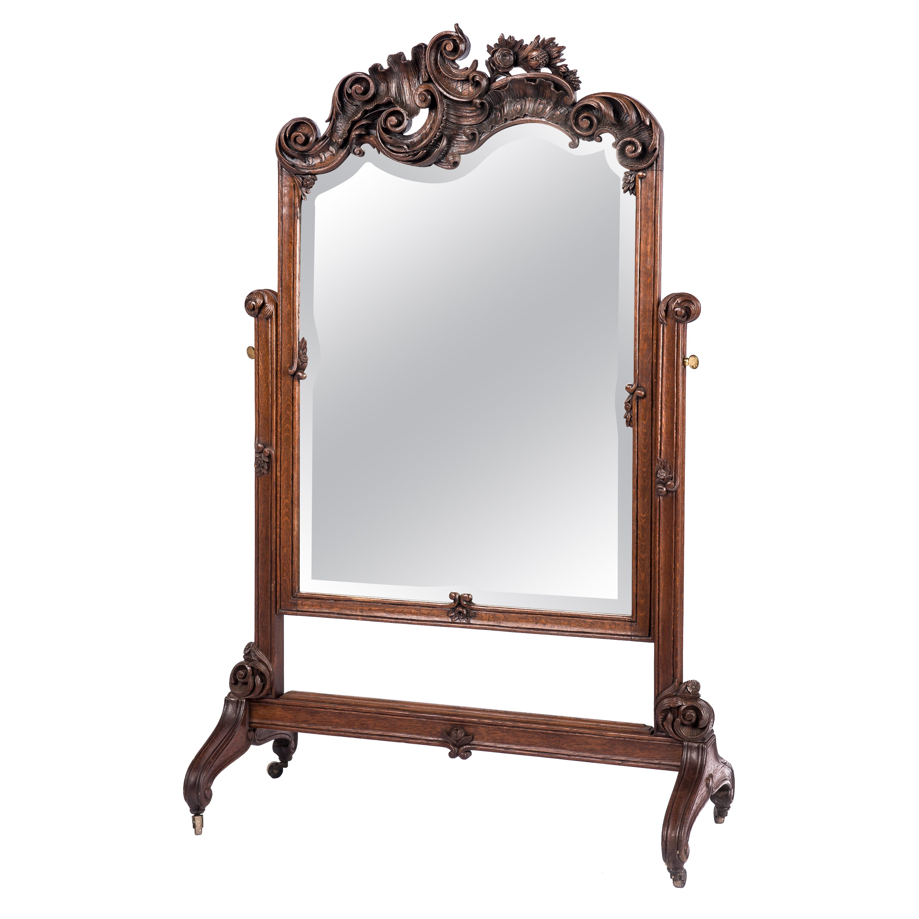 Antique 19th Century Belgian Liegoise Carved Oak Louis XV Cheval or Floor Mirror