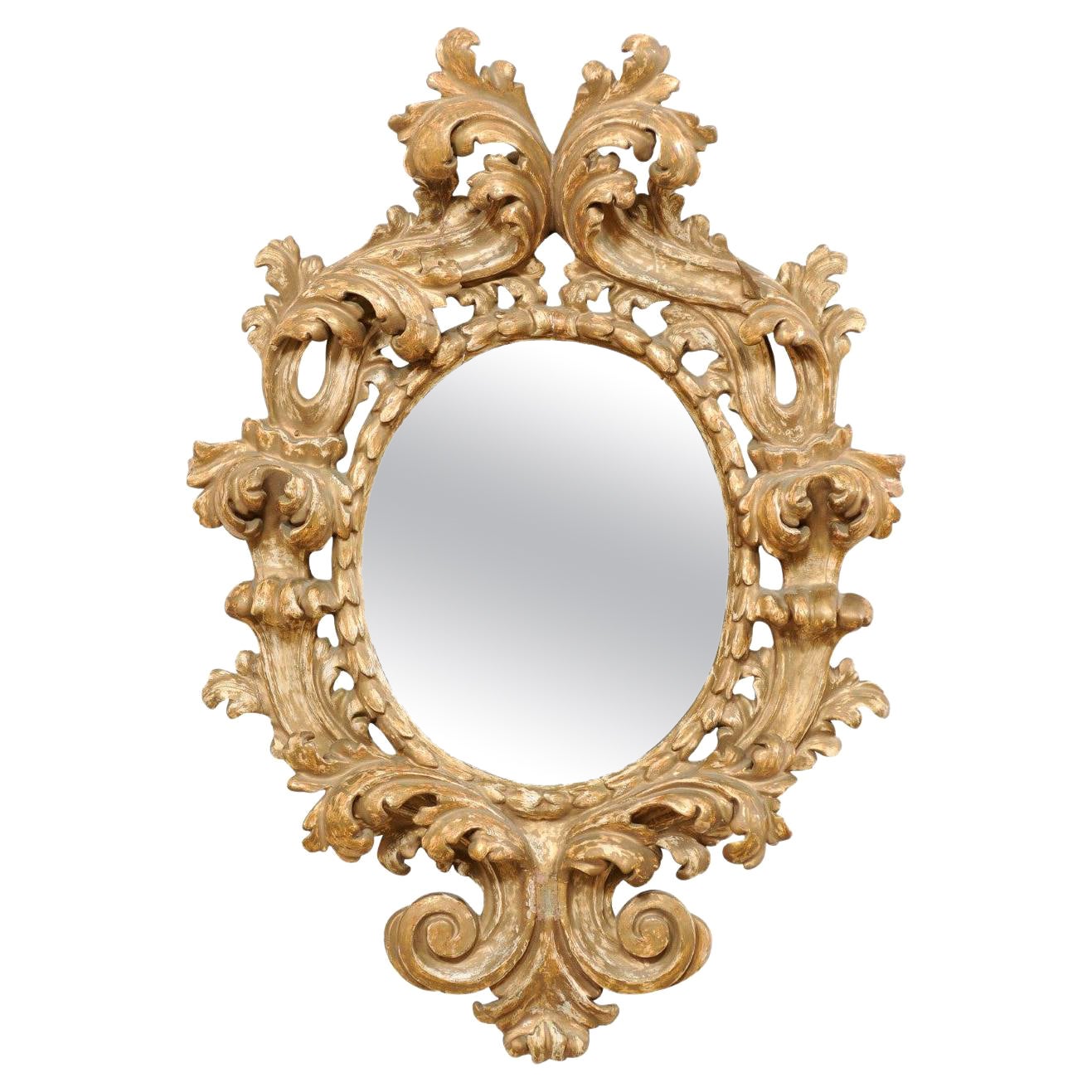 Italian Ornate Acanthus-Carved Mirror w/Oblong, Oval-Shaped Glass, 18th/19th C. For Sale