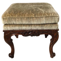 Hand Carved Walnut Bench with Upholstered Top, 19th Century