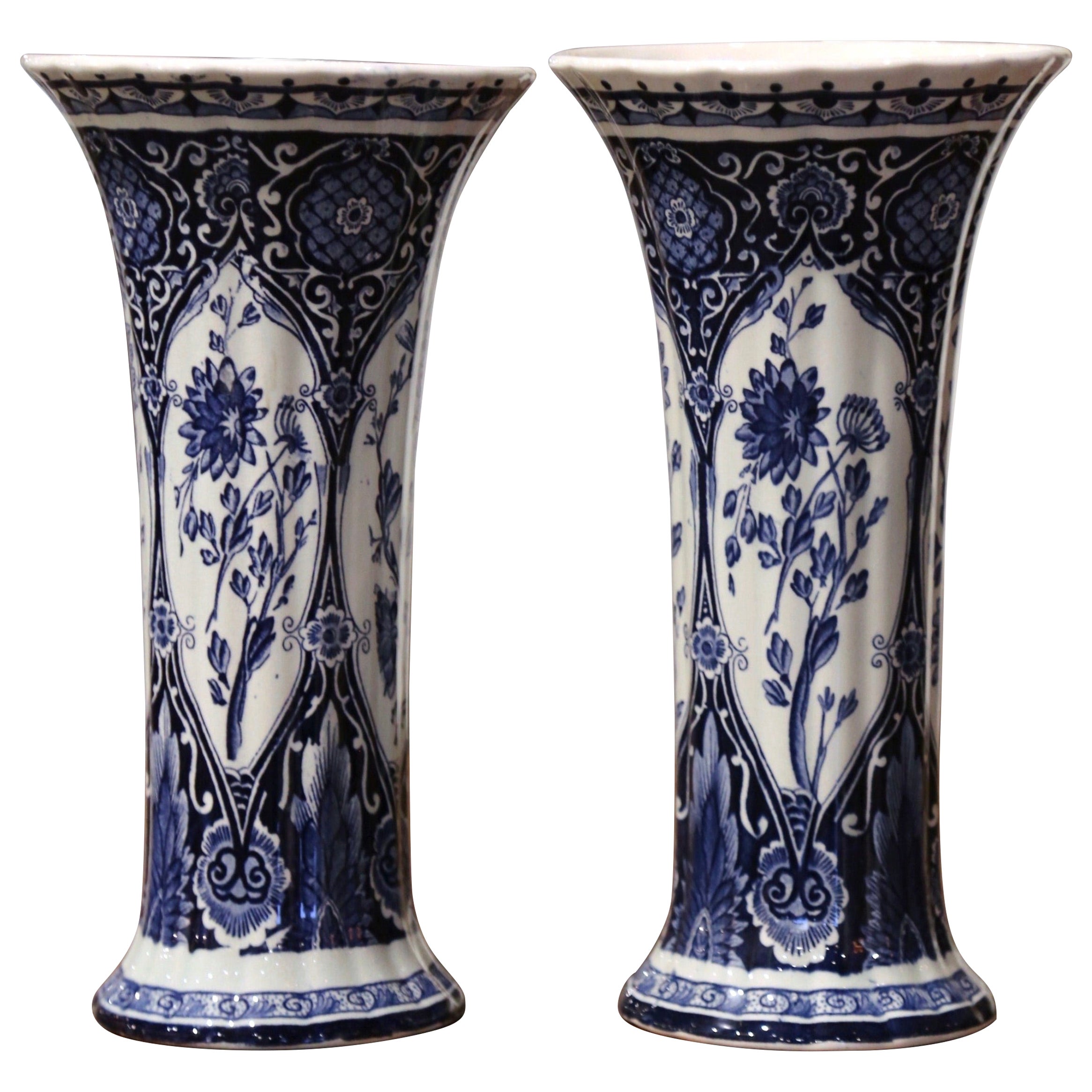 Pair of Early 20th Century Dutch Blue and White Trumpet Faience Delft Vases