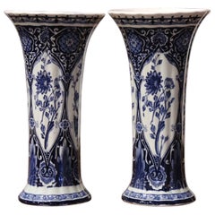 Antique Pair of Early 20th Century Dutch Blue and White Trumpet Faience Delft Vases