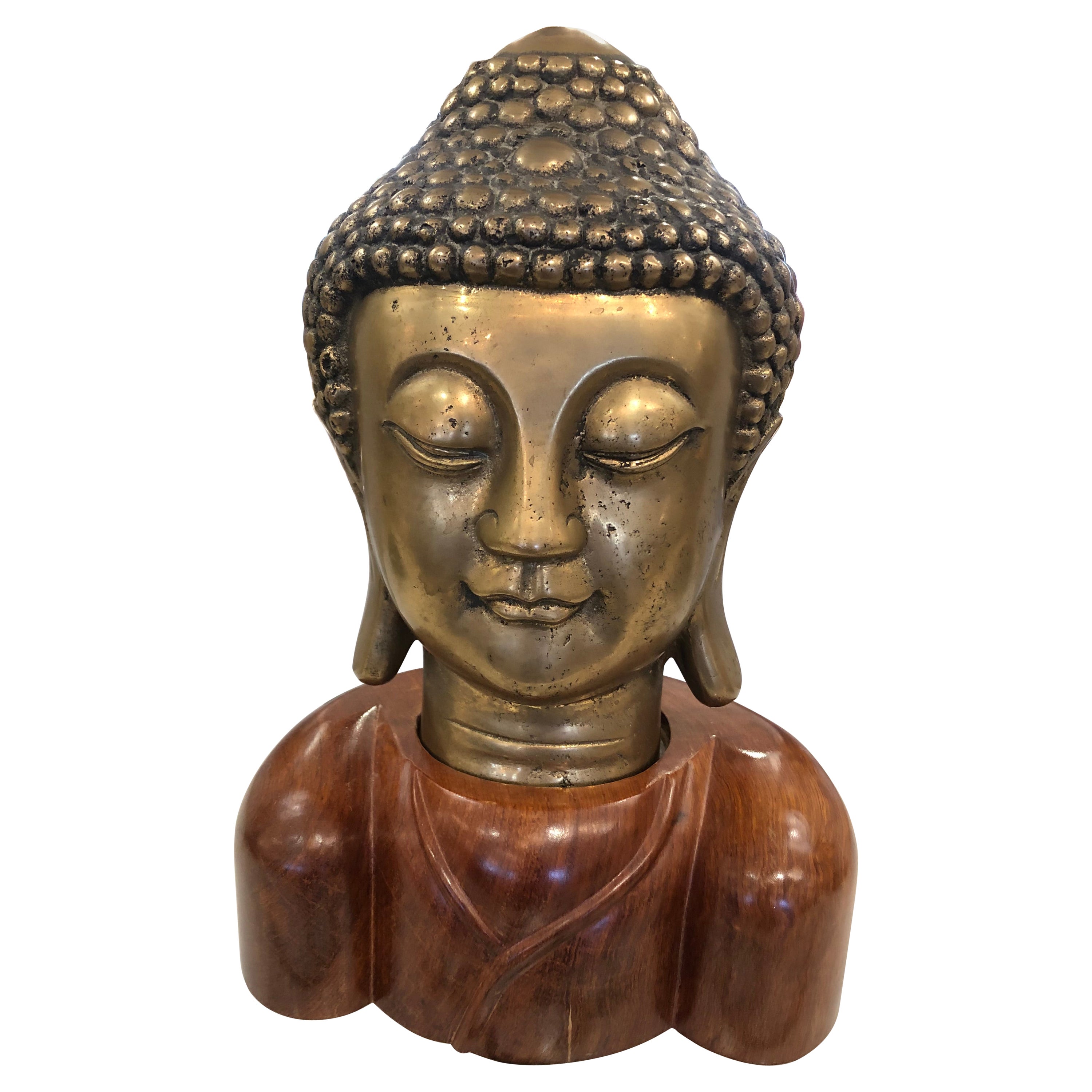 Stunning Bronze Buddha Statue on Wooden Base For Sale
