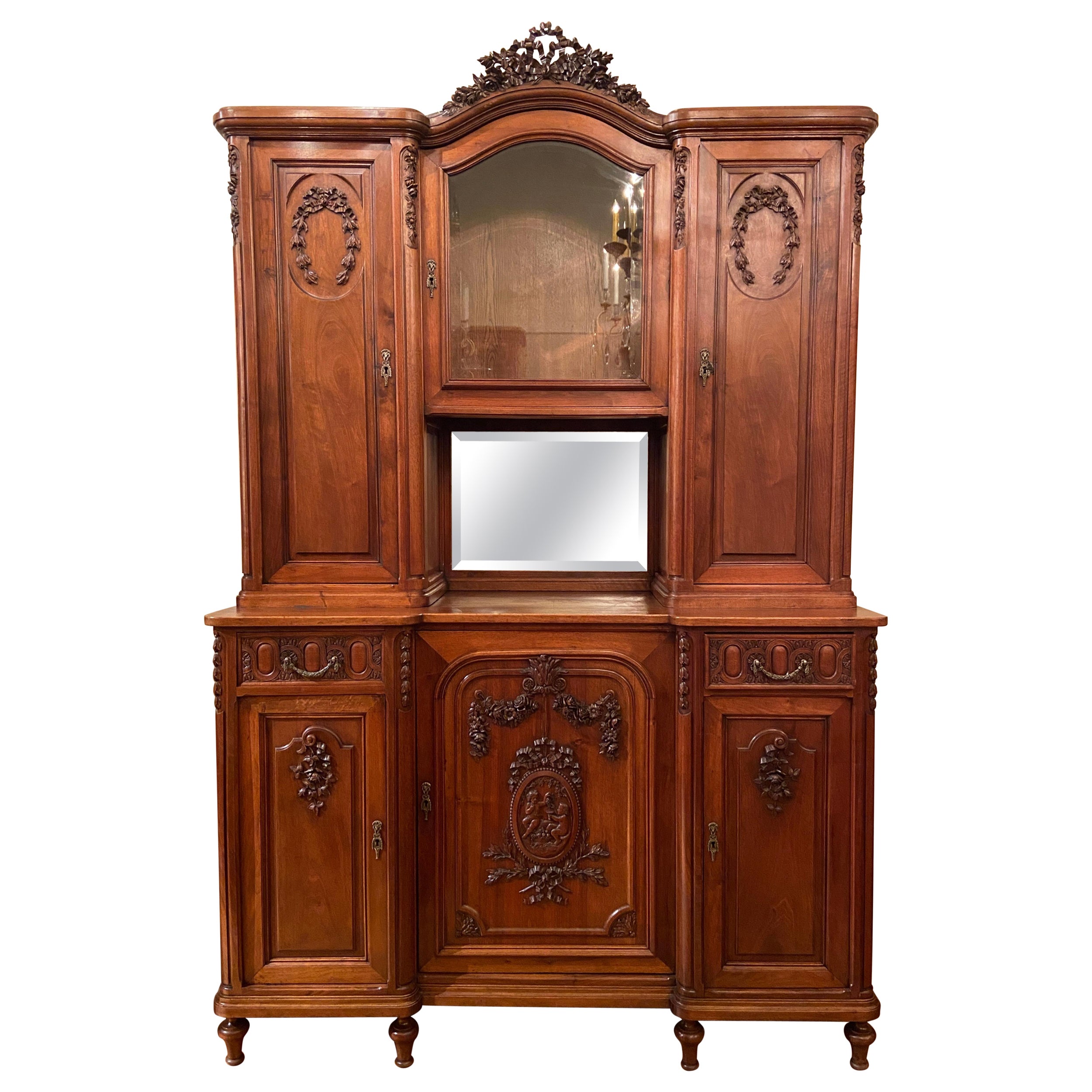 Antique French Carved Walnut, Beveled Glass and Mirror Cabinet, circa 1875-1895 For Sale