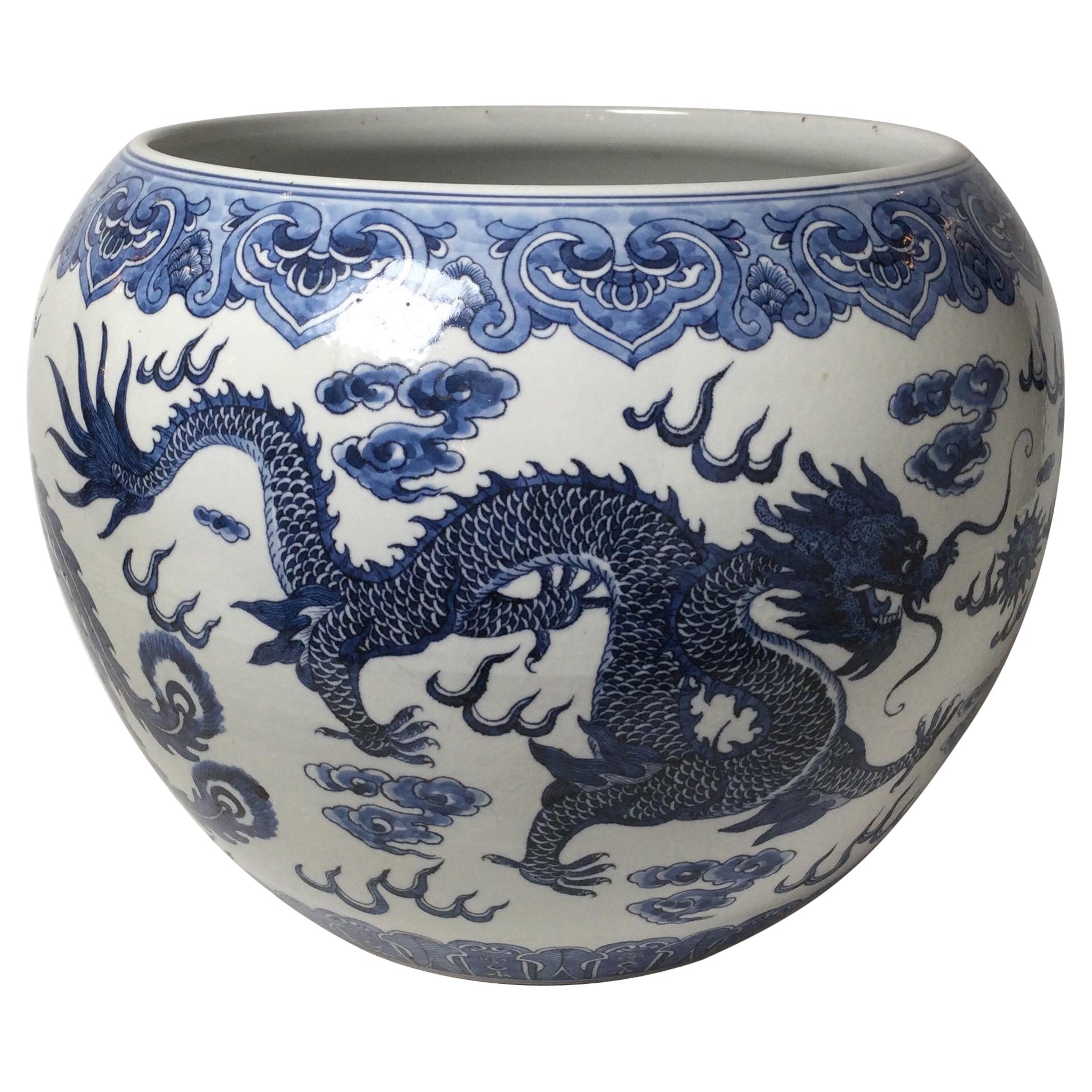 Large Blue and White Jardinière Planter with Dragon and Phoenix Bird For Sale