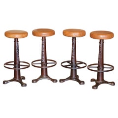 Suite of Four Cast Iron Vintage Singer Bar Stools Brown Leather Seat Pads 4