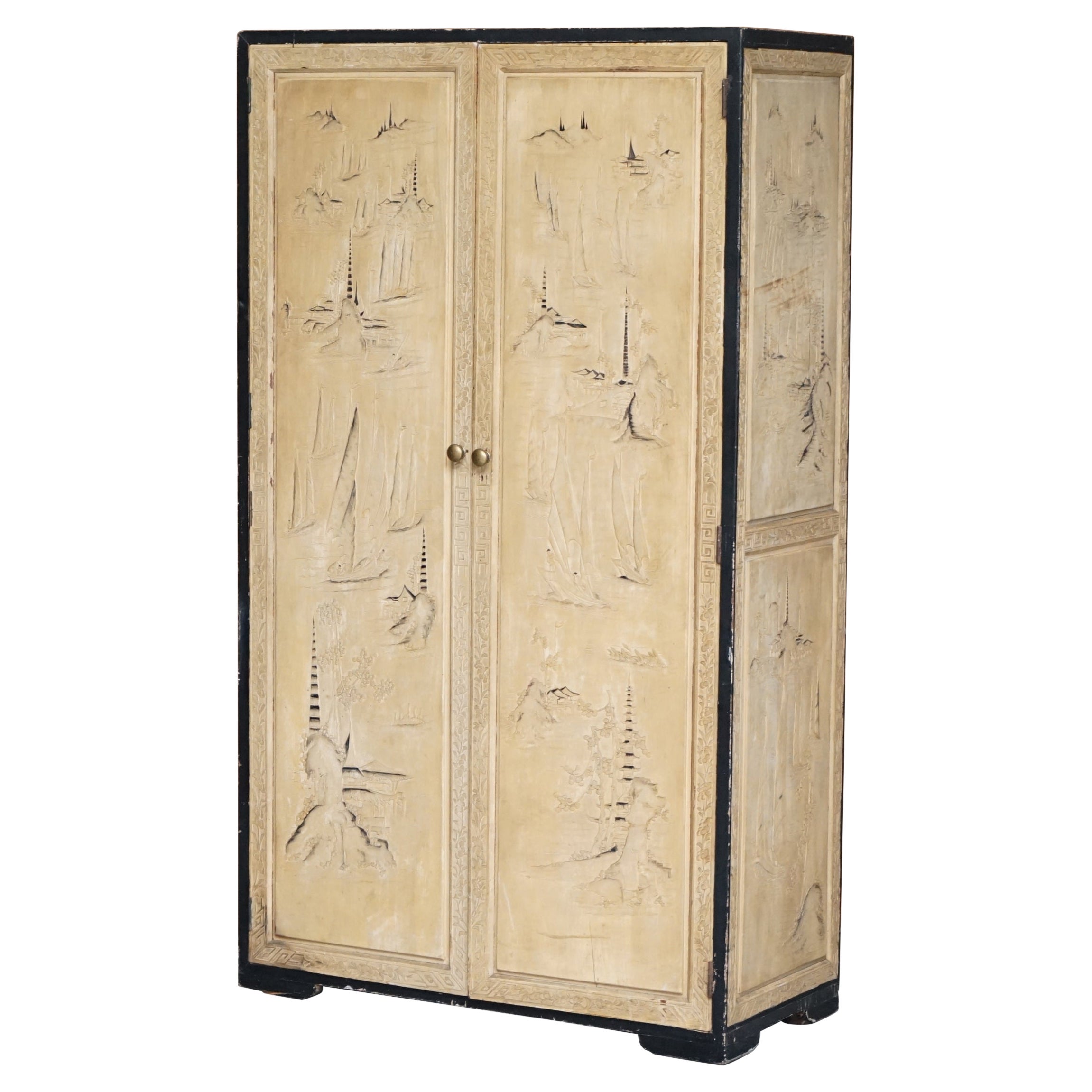 1920's Chinese Export Oriental Heavily Carved Camphor Wood Wardrobe Part Suite For Sale
