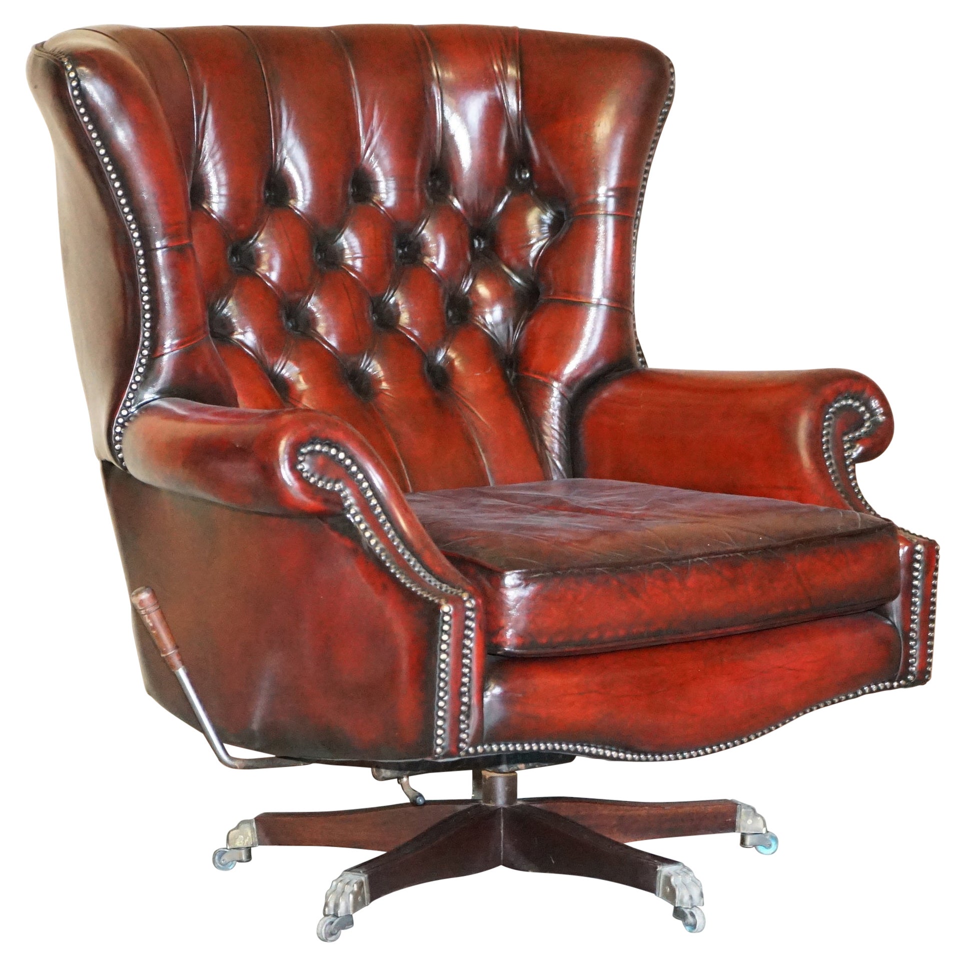 Vintage Harrods London Restored Bordeaux Brown Leather Swivel Lounge