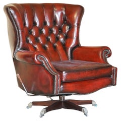 Vintage Harrods London Restored Bordeaux Brown Leather Swivel Lounge Armchair