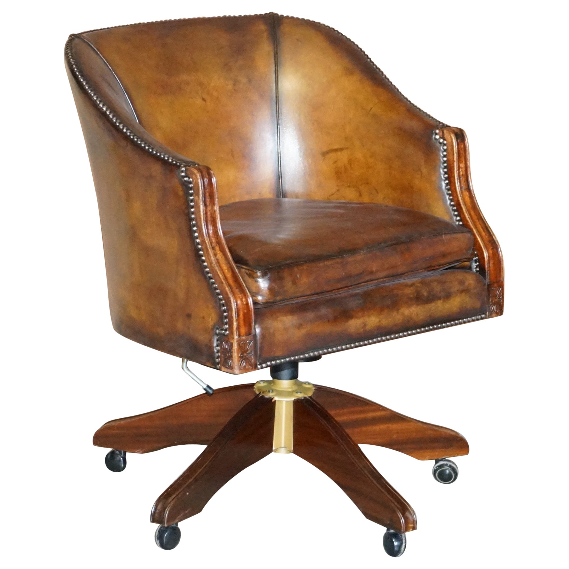 Stunning Vintage Restored Brown Leather Barrel Back Captains Directors Chair