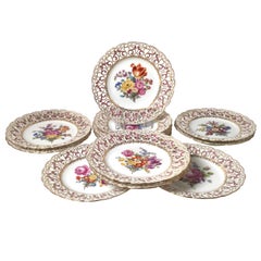 Set of 12 Hand Painted Dresden Reticulated Accent Plates