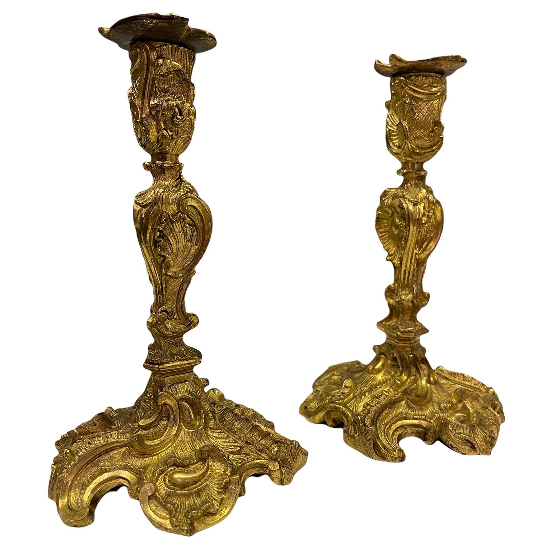 A Pair of French 18th Century Bronze Gold Gilt Candlesticks