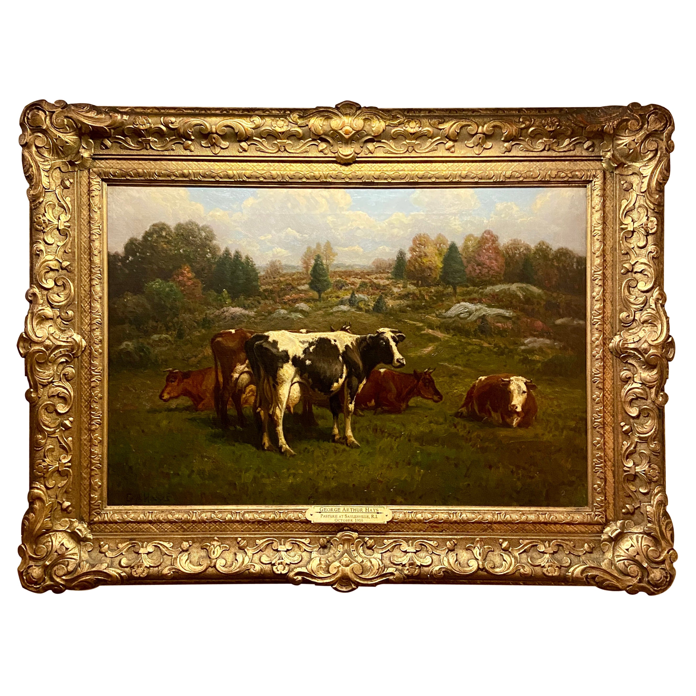Peinture américaine ancienne à l'huile sur toile par GA Hays, Pasture au Rhode Island, 1910