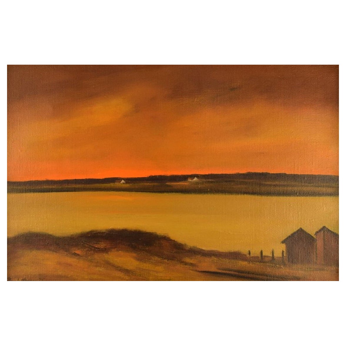 Poul Hansen, Danemark, Huile sur toile, Paysage avec coucher de soleil