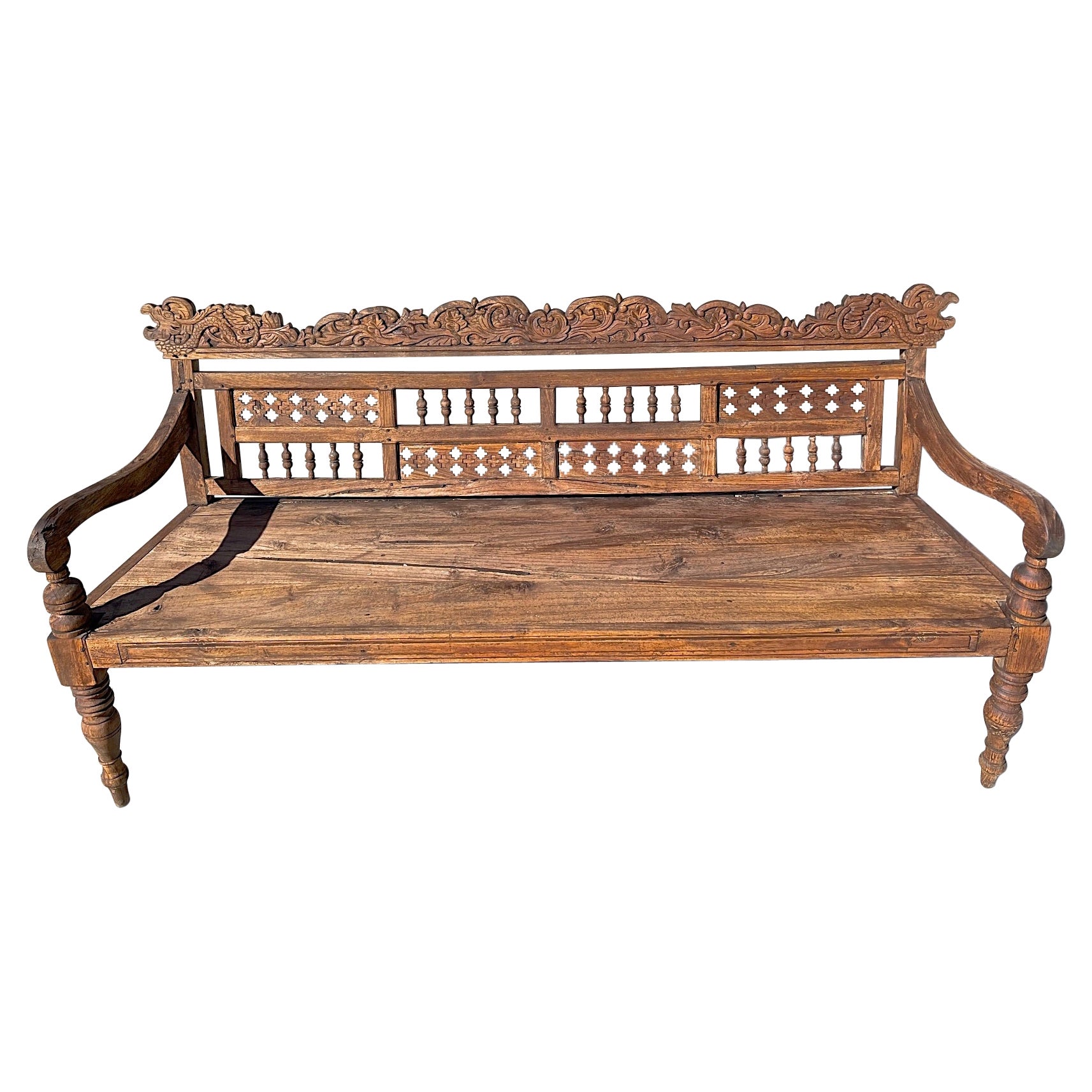 Indonesian 19th Century Hand Carved Teak Garden Bench with Two Side Arms