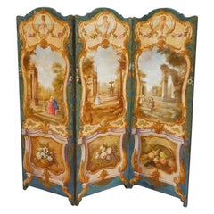 French Painted Figural & Foliage Architectural Three Panel Folding Screen C 1780