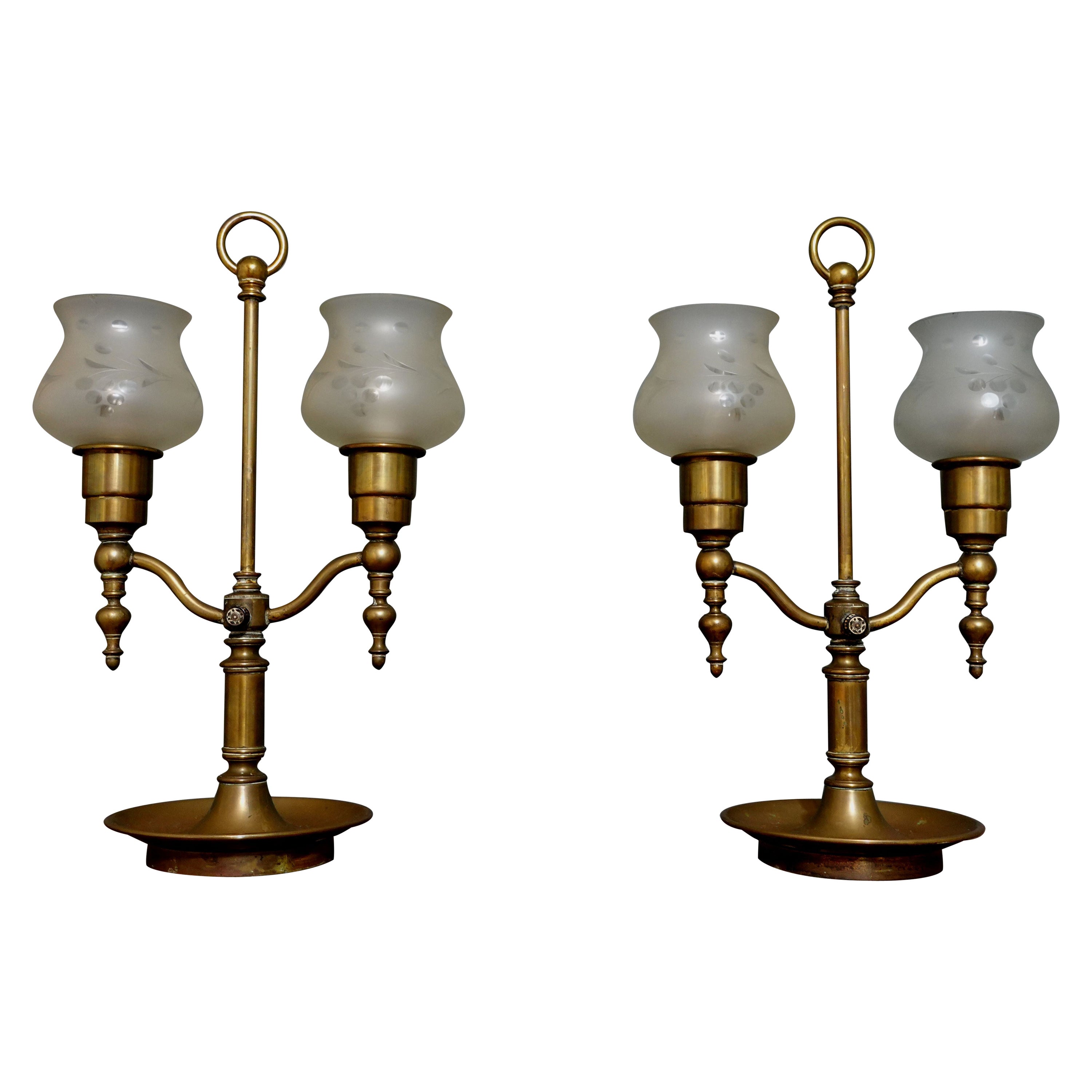 Antique Pair of Large Double Arm Brass Hurricane Lamps, 1900s For Sale