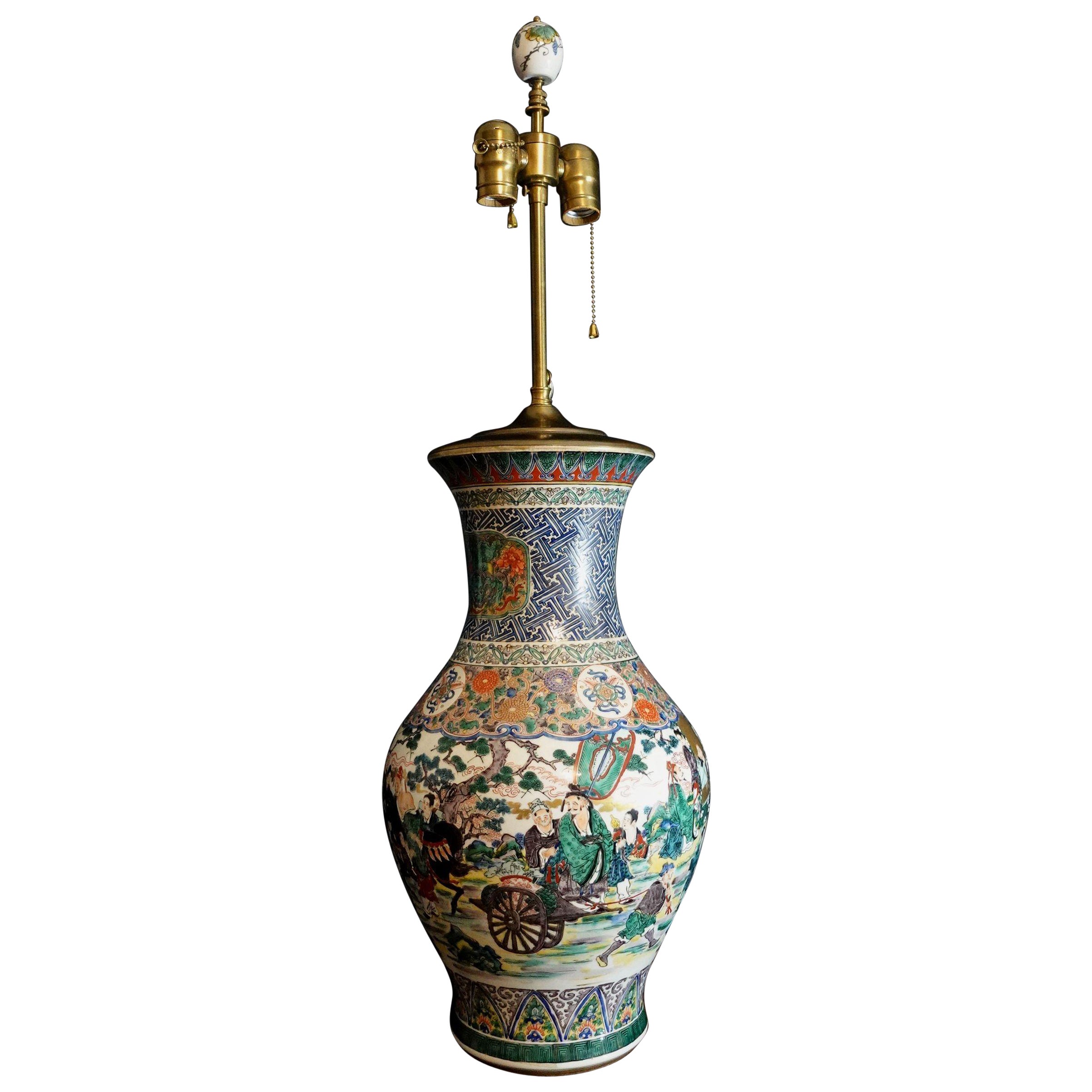 Antique Large Kutani Porcelain Vase Table Lamp, 19th Century, Signed