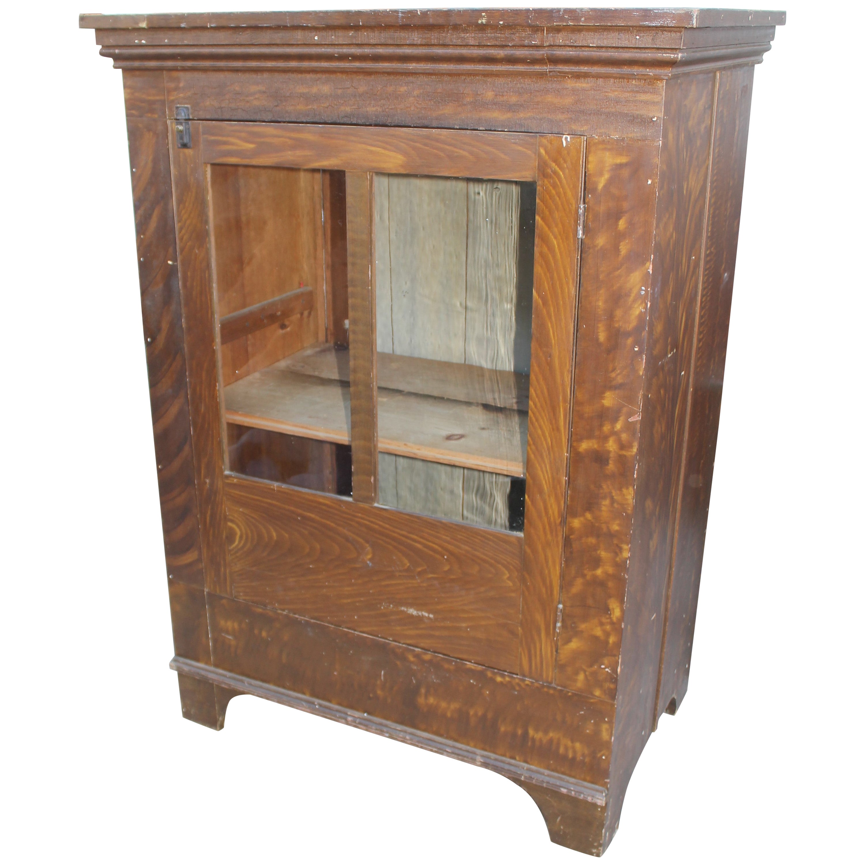 19th C Original Grain Painted Glass Front Cabinet For Sale