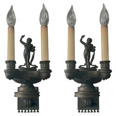 Pair of Italian Patinated Bronze Bacchus Lighted Wall Sconces