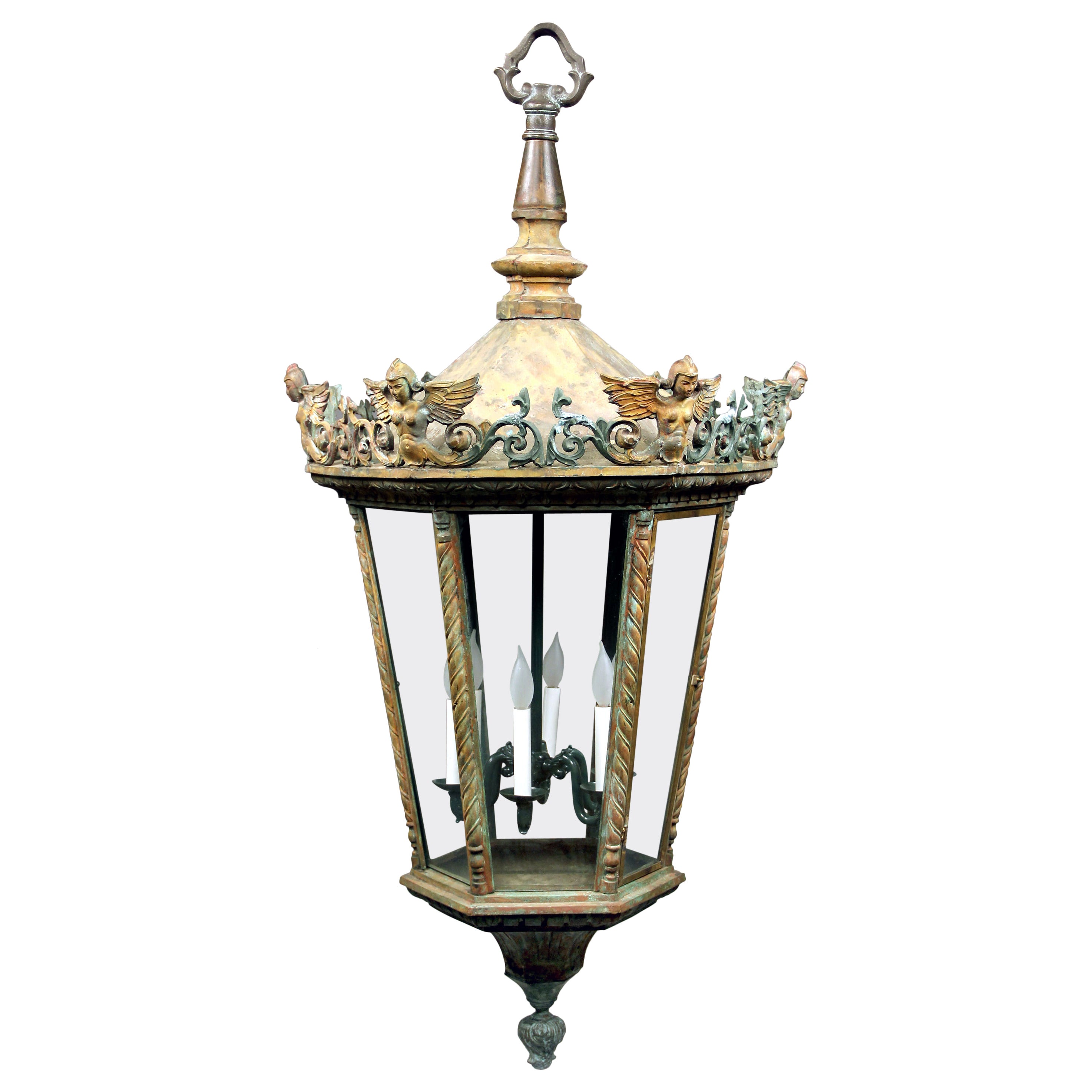 Grande lanterne de rue à six lumières en bronze de la fin du XIXe siècle