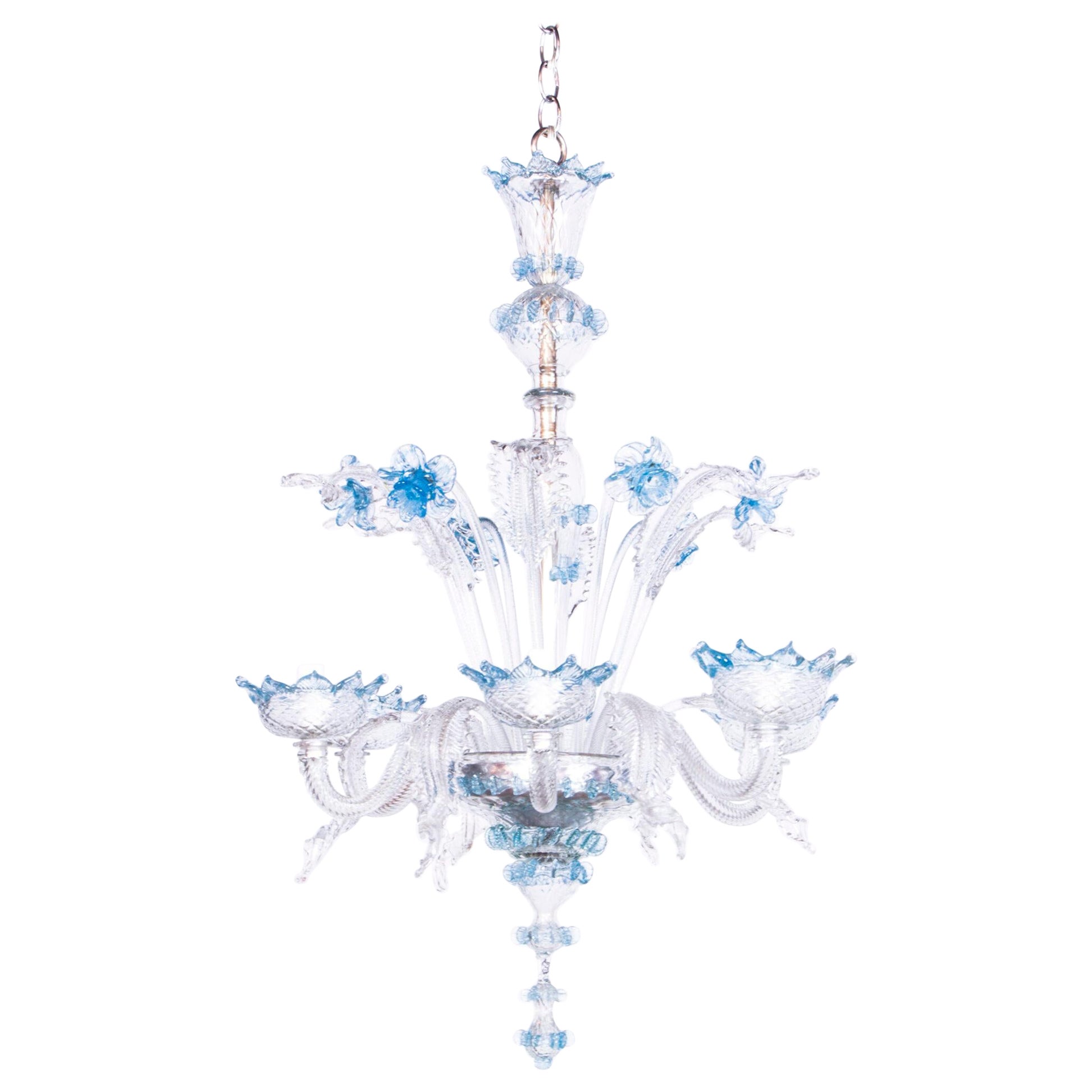 Venetian Blue Glass Chandelier in Murano Glass For Sale
