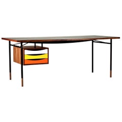 Finn Juhl Nyhavn Desk Wood and Black Lino with Tray Unit in Warm Colorway
