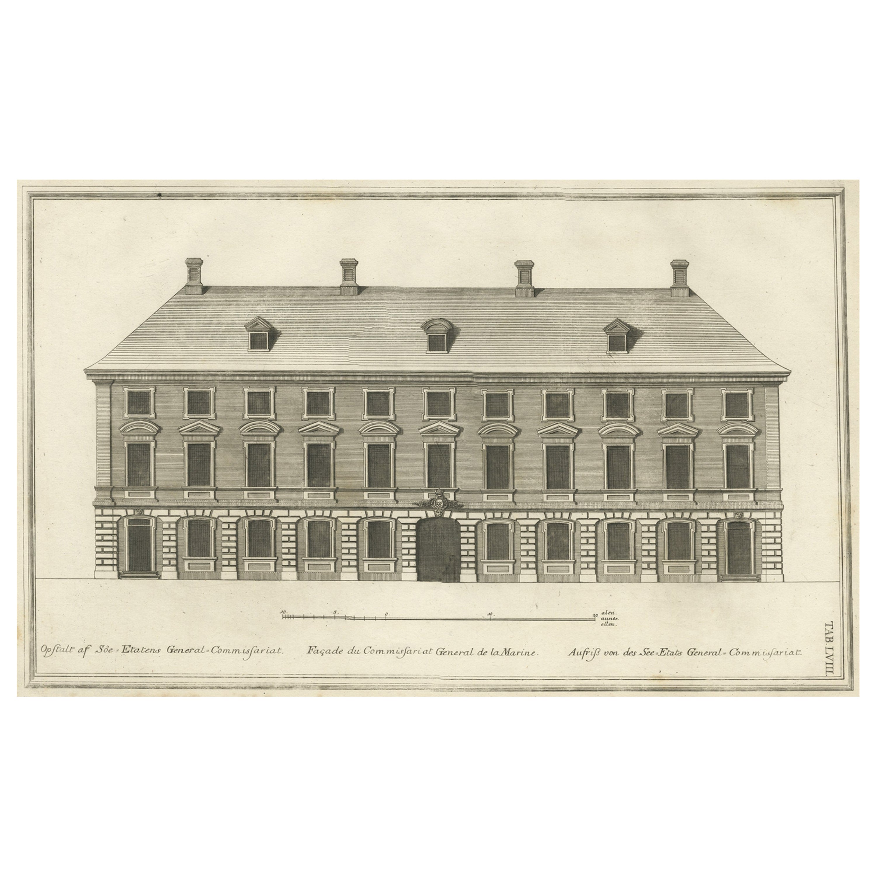 Antiker Druck eines maritimen Gebäudes in Kopenhagen in Dänemark, 1746