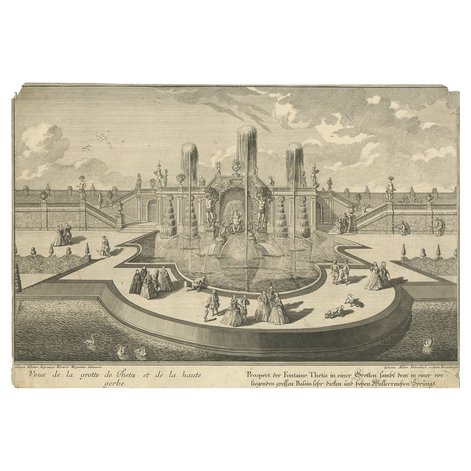 Rare Antique Print of a Fountain by Delsenbach, c.1730 For Sale
