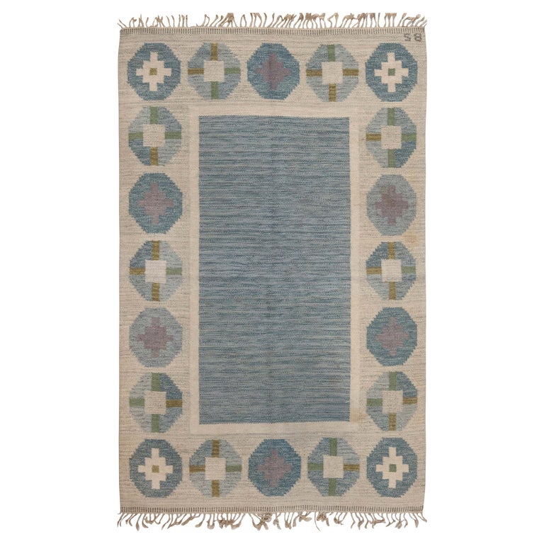Mid20th Century Geometric Blue, Green, Grey Rug by Birgitta Solderkvist “Bs” For Sale at 1stDibs