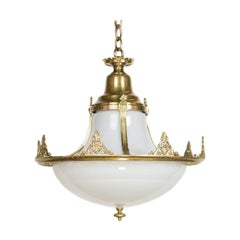 White Glass Pendant with Brass Framing