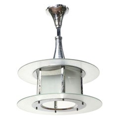 Lampe à suspension moderniste française en chrome et verre