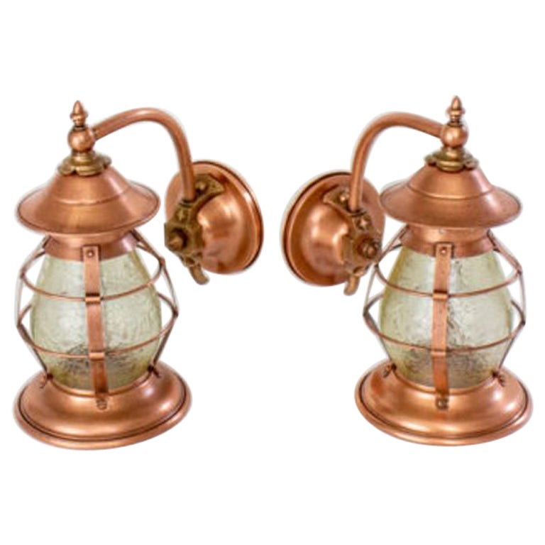 Early 20th Century Arts & Crafts Copper Exterior Sconces with Amber Glass