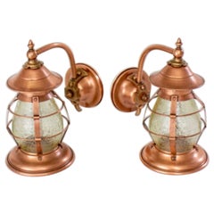Early 20th Century Arts & Crafts Copper Exterior Sconces with Amber Glass