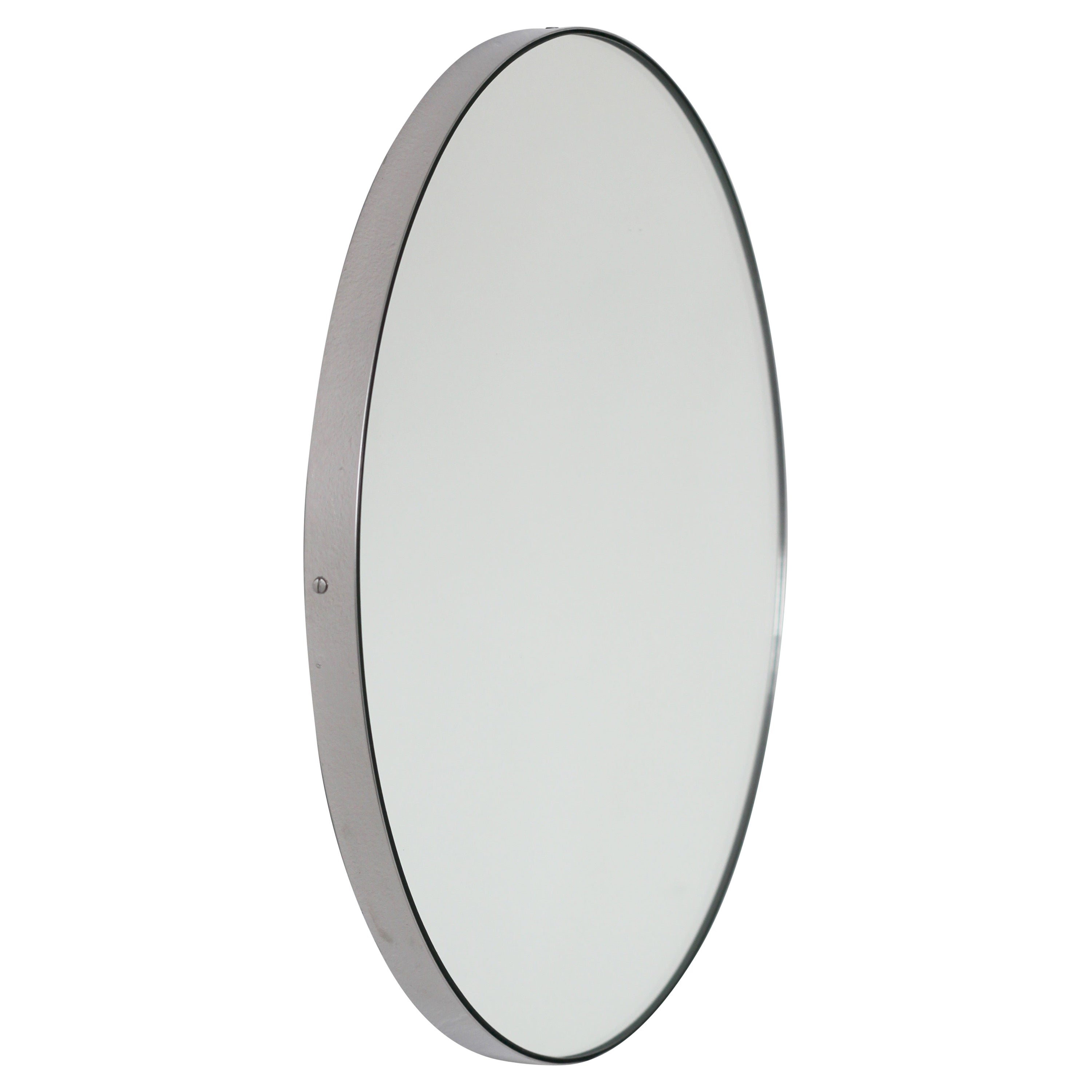 Miroir rond minimaliste Orbis avec cadre en acier inoxydable fabriqué à la main, moyen en vente