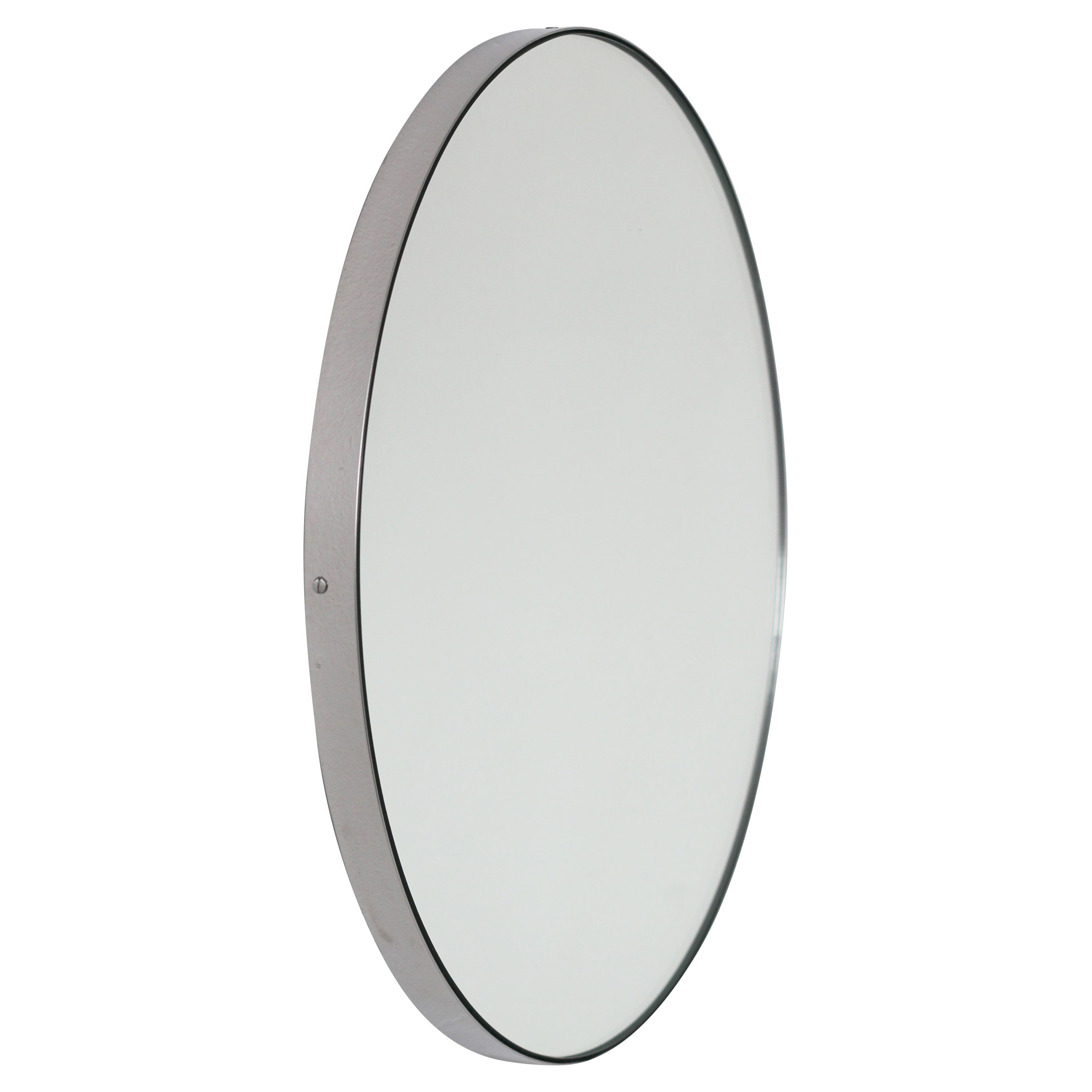 Orbis Round Modern Mirror with Brushed Stainless Steel Frame, Regular For Sale