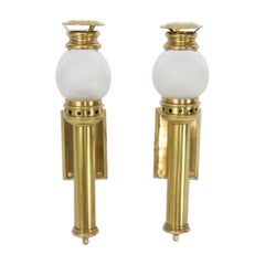 Mid-20th Century Chapman Brass Railway Lantern Sconces with Globes, a Pair